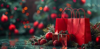 Red Gift Bags With Pine Branches And Ornaments photo