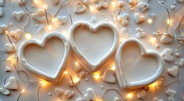 Three White Hearts With String Lights photo
