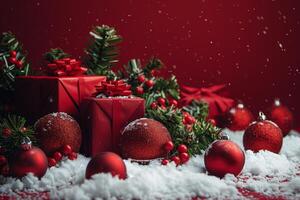 Red Christmas Gifts In Snow photo