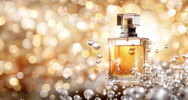 Perfume Bottle in Water Splash With Bokeh Background photo