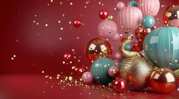 Christmas Ornaments on Red Background photo