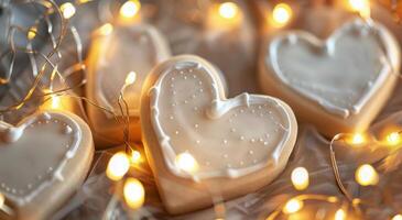 Three White Hearts With String Lights photo