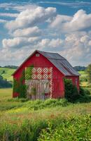 Red Barn With Quilt Design in Rural Landscape photo