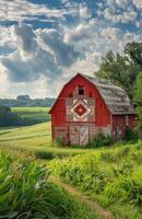Red Barn With Quilt Design in Rural Landscape photo