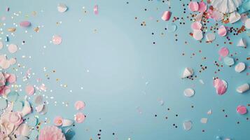 Pink Petals and Glitter on Blue Background photo