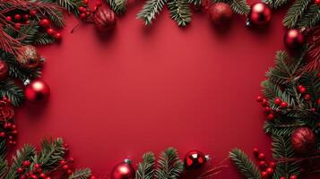 Red Background With Christmas Greenery photo