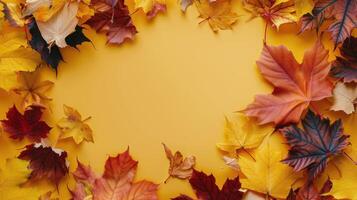 Autumn Leaves on Yellow Background photo
