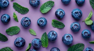 Blueberries and Mint on Purple Background photo