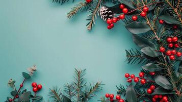 Red Background With Christmas Greenery photo