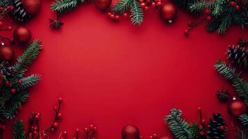 Red Background With Christmas Greenery photo