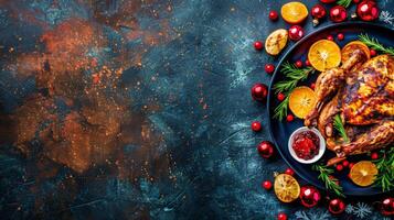 Roasted Turkey With Citrus And Cranberry Sauce For Christmas photo