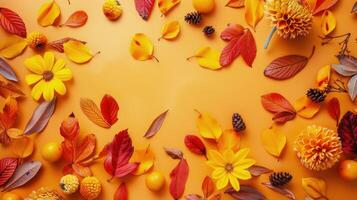Autumn Leaves on Red Background photo