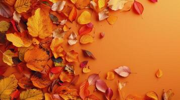 Fall Fruits and Leaves on Red Background photo