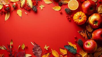 Fall Fruits and Leaves on Red Background photo