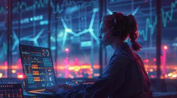 Woman Working at Computer With Headset photo