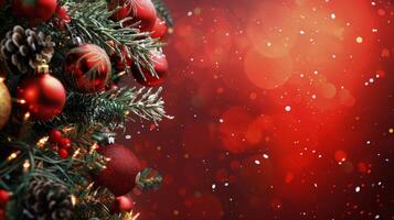 Christmas Ornaments and Pine Branches on Red Background photo