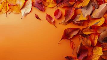 Fall Fruits and Leaves on Red Background photo