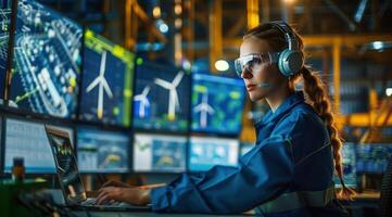 Woman Working at Computer With Headset photo