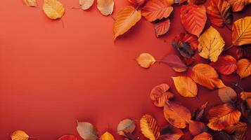 Autumn Leaves on Red Background photo