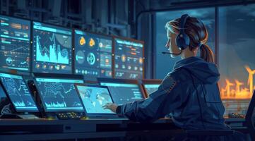 Woman Working at Computer With Headset photo