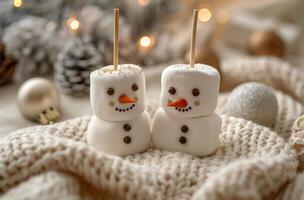 Marshmallow Snowmen on a Knit Blanket photo