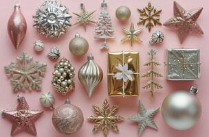 Pink And Gold Christmas Decorations On Pink Background photo