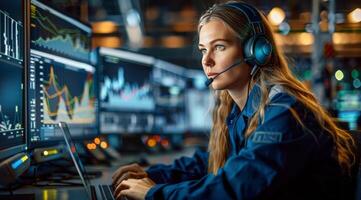 Woman Working at Computer With Headset photo