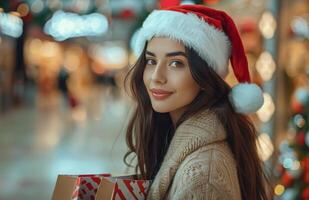 Woman In Santa Hat Shopping For Christmas photo