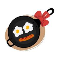 Scrambled eggs with yolk and sausage in the shape of a smiling emoticon in frying pan with red bow on abstract spot background Top view. Isolated Culinary food poster or card menu, banner idea vector