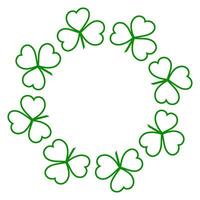 Frame of Outline clover leaves. Shamrocks Wreath in trendy green Isolated on white. Greeting concept Copyspace. Cards, invitations, poster, banner, brochure, price tag, label or web, promo idea vector