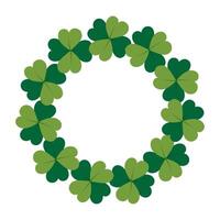 Round frame of clover leaves with four petals in monochrome green with copy space. Template Isolated on white. Lettering, inscriptions, cards, posters, banner, price tag or web design concept vector