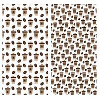 Disposable coffee cups with lid, patterned holder and coffee beans Seamless pattern Set of 2 Texture. Abstract background, wallpaper or Coffee Day greetings cards, posters concept. Isolate EPS vector