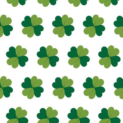 Good luck clover leaves Seamless pattern in trendy green. St Patrick Greeting or wallpaper concept Isolated on white illustration. Background texture, wrapping or web cards, posters design idea