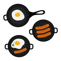 Grill and frying pans with Fried eggs, salt, pepper, greens leaf and sausages Top view. Set of 3. Hand drawn Culinary food poster or card menu, banner, brochure, price tag, web design elements vector