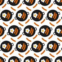 Rustic breakfast with sausages Fried egg in grill pan Top view Seamless pattern Isolated on white. Menu cards, poster, banner, brochure or web, price tag, label or web, promo design concept vector