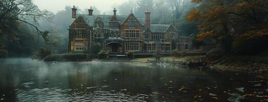 Stone Manor House on Foggy River in Autumn photo