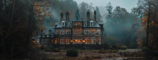 Stone Manor House on Foggy River in Autumn photo