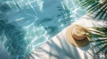 Palm Tree Shadows on Blue Pool Water With a Straw Hat photo