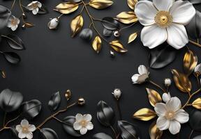 White Flowers and Black Leaves on a Dark Background photo