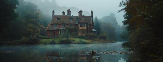 Stone Manor House on Foggy River in Autumn photo
