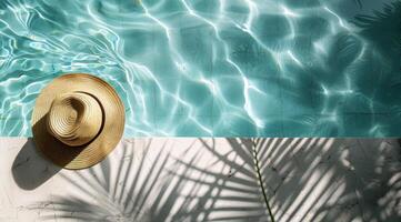 Palm Tree Shadows on Blue Pool Water With a Straw Hat photo
