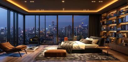 Modern Bedroom With Cityscape View at Night photo