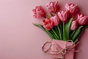 Pink Tulips and a Pink Envelope on a Pink Background photo