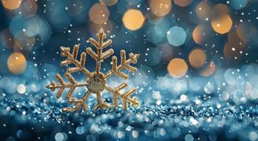 Golden Snowflake Ornament on Blue Sparkle Background photo
