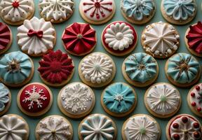 Decorated Sugar Cookies With Winter And Holiday Designs On Blue Background photo
