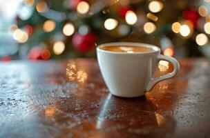 Coffee Cup on Wooden Table With Christmas Lights photo
