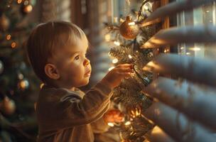 Toddler Decorating Christmas Tree photo