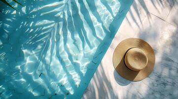 Palm Tree Shadows on Blue Pool Water With a Straw Hat photo