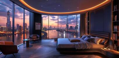 Modern Bedroom With Cityscape View at Night photo