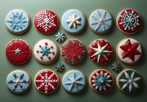 Decorated Sugar Cookies With Winter And Holiday Designs On Blue Background photo
